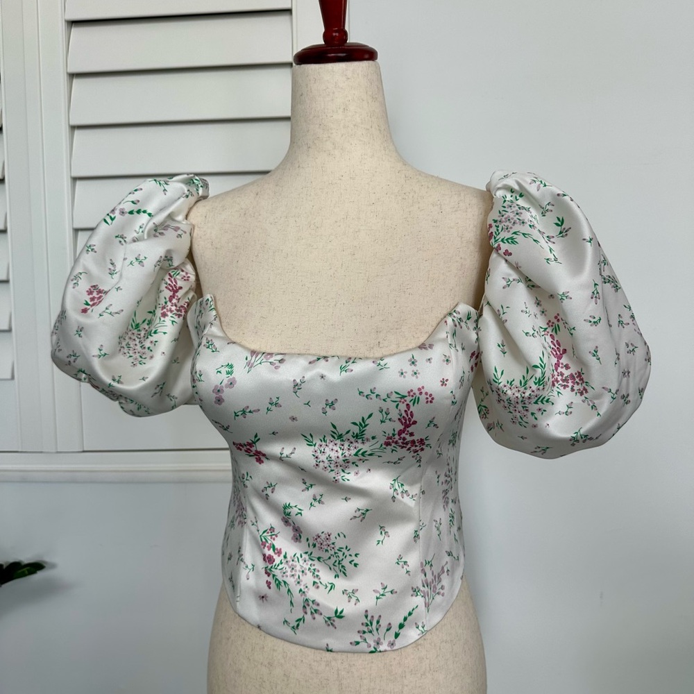 NWOT POST MERIDIEM Floral Puffy Sleeve Bustier Top - Picture 3 of 7